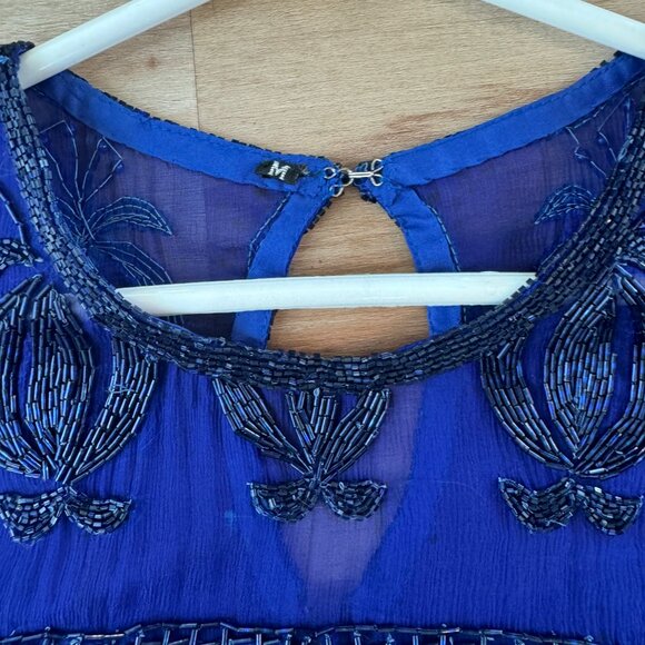 Vintage 1980s Blue Beaded Silk Dress - Picture 5 of 12